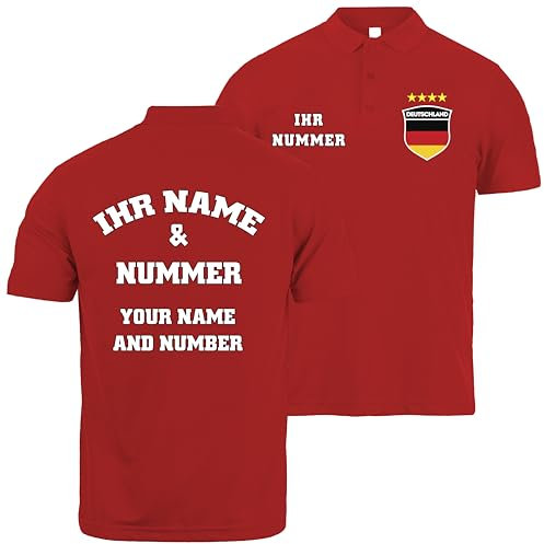 lepni.me Herren Deutschland Fußball-Poloshirt mit Namen und Nummer | Deutsche Flagge Abzeichen, Personalisiertes Trikot | Europameisterschaft 2024 (M Rot Mehrfarben)