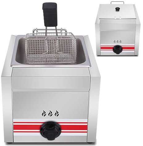 LSHFYV Friteuse Gaz, Friteuse à Gaz Professionnelle Gpl, Friteuse Commerciale en Acier Inoxydable avec Paniers Et Couvercles De Friteuse, Réglage Manuel De La Température,Singlecylinder10l