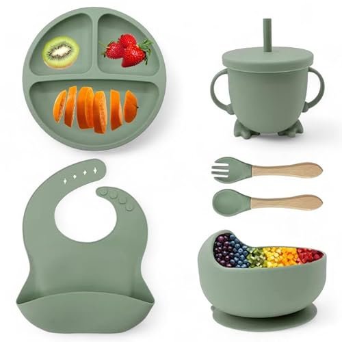 Eliano 6-delat silikonbabyset – halkfri tallrik, skål, mugg med sugrör, gaffel, sked, haklapp – diskmaskinssäker, BPA-fri, mikrovågsugnssäker – för barn från 6 månader