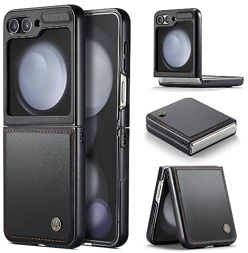 Rerzoiro Funda para Samsung Galaxy Z Flip 5, Funda Cuero PU PC Dura, Textura de Moda Delgada, Anticaída, Resistente a los Golpes Carcasa Antihuellas, Case para Samsung Z Flip5, Negro
