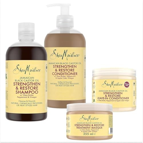 SheaMoisture Set - Aceite de Ricino Negro de Jamaica Champú 1 x 384 ml, Acondicionador 1 x 384 ml, Mascarilla de tratamiento 1 x 355 ml, Acondicionador sin enjuague, 1 x 431 ml