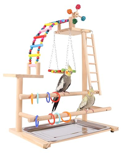 RoseFlower Wooden Bird Playground, Parrot Playstand with Perches, Ladder, Swing, Feeder Cups, Tray for Conure, Parakeets, Budgie, Cockatiels, Lovebirds