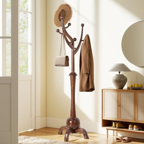 Bekrvio Stehender Garderobenständer aus Massivholz, Kleiderständer Holz ist 180 cm hoch mit 8 Haken, Stabilem Kugelbasis, Tragkraft bis 75 kg, Flur, Eingangsbereich, Schlafzimmer Kautschukbaum Braun