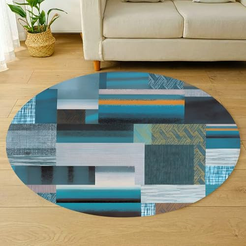 Generisch Kurzflor Runder Teppich Wohnzimmer Bettvorleger Schlafzimmer Kinderzimmer Heimbüro,Moderne Patchwork-Designs Türkis Blau Schwarz Weiß Orange, Petrol, ø 150 cm