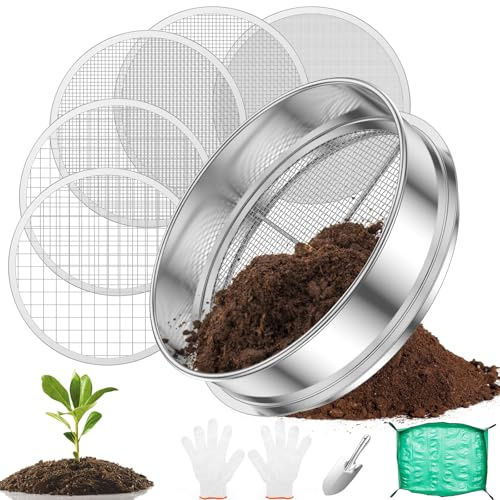 PEIZHIYC Tamis de jardin rond 20 cm en acier inoxydable avec 5 tamis interchangeables (1/3/6/9/12 cm) - Tamis à compost rond pour terre, compost, semences, sable