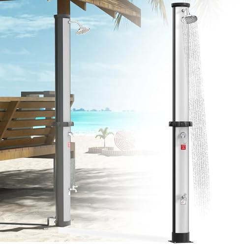 XMTECH Solardusche 40L, Solar Gartendusche, Pooldusche & Außendusche, mit Fußdusche, 360° Regenduschkopf, Mischbatterie, ohne Strom, 216 cm, Outdoor Dusche für Garten, Camping, Terrasse, Silber