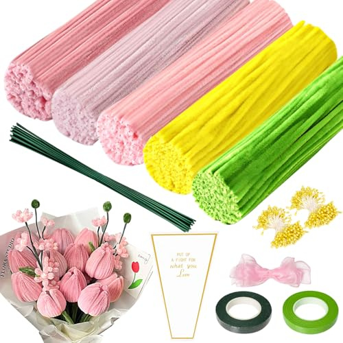 Rörrengörare blomset, 500 stycken piprensare för pyssel, 5 färger piprengörare, med blomtråd, rosett, blomdammblad för bukett, gör-det-själv-dekorationer, (rosa, grön, gul)
