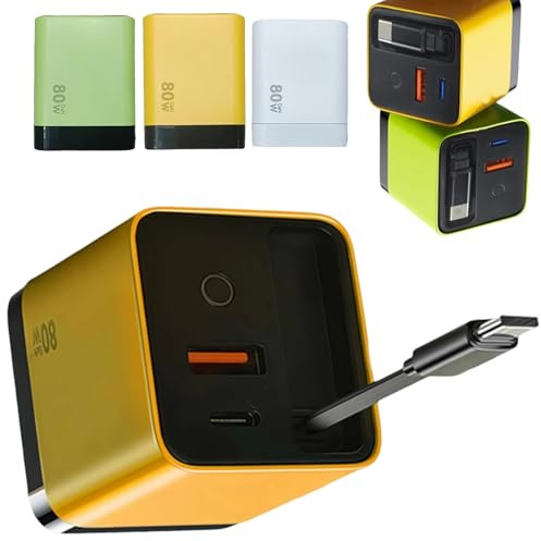 3 in 1 GaN Charger, Scalable 80W Max Fast Charging Module with Retractable Type-C Cable & 2 USB Ports, Compatible with iPhone, Android, Smartphones, Tablets & Laptops, Charge 3 Devices Simultaneously