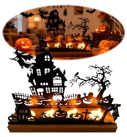 Portacandele Decorativi Halloween - Design Elegante in Metallo, Base in Legno, Facilità di Montaggio, Crea un'atmosfera da Orrore da Strega, Riutilizzabile, Adatto per Halloween Feste Decorazioni