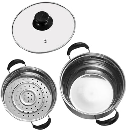 TOBBOMEY Olla Vaporera De Acero Inoxidable 20 Cm Doble Asa, Vaporera Práctica y Reutilizable, Sartén Resistente Al Calor Para Cocina Doméstica, Set Cesta Para Cocinar Al Vapor