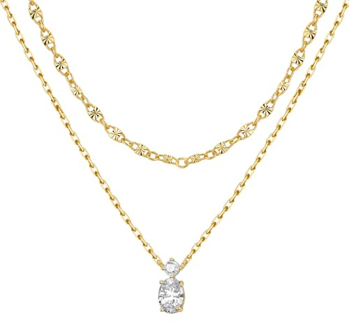 CYMYSS Gold Plated Necklace for Women 925 Sterling Silver Pendant Necklace with Adjustable Chain 40+5CM Layered Double Necklace Clavicle Birthday Gifts for Women