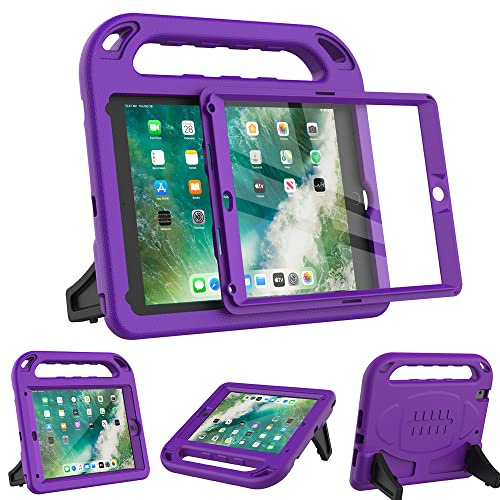 Surom Funda infantil para iPad 9.7 2018/2017 con protector de pantalla integrado, peso ligero, con soporte para niños para iPad 9.7 2017/2018, iPad Air/iPad Air 2/iPad Pro 9.7 - morado | Protector de pantalla integrado, funda ligera a prueba de golpes para niños, mango portátil, soporte estable