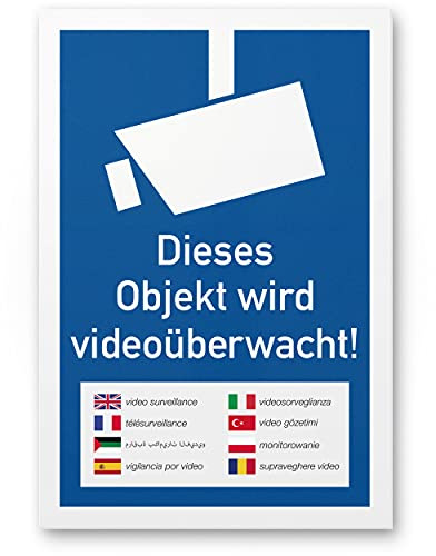 Komma Security Objekt Videoüberwacht mehrsprachig Schild 20 x 30 cm - Achtung Vorsicht Videoüberwachung - Hinweis Hinweisschild Videoüberwacht - Warnschild Warnhinweis Videoüberwachung