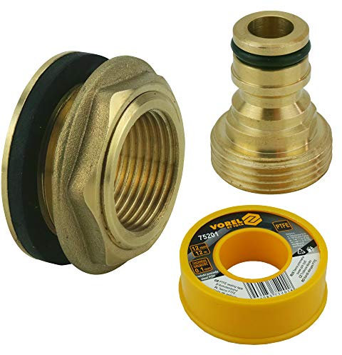 KREFT Tankdurchführung 3/4 IG - 1 AG mit Schlauchanschluß, Tankentlüftung, Fass-Verbinder aus Messing, Gold, Rund