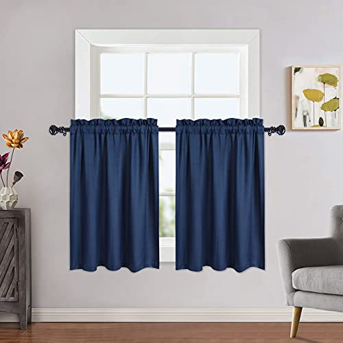 CAROMIO Wasserabweisende Scheibengardinen Modern Halbe Cafe Küchen Scheibengardinen Geprägte Musterstruktur Kurzgardine Kurzstores für Kleinfenster Vorhang Kurz, 2 x B 76 cm x H 91cm, Blau, 2er Set
