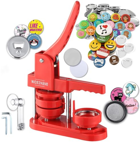 nice2have Knopfmacher-Maschine, 58 mm, 100 Knöpfe, 5 Flaschenöffner, 5 Kühlschrankmagnete, über 500 Designs, Kreisschneider und magisches Buch und Papier) – Installationsfreie Pin-Maschine