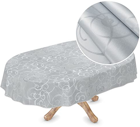 Nappe en Toile cirée en Vinyle de qualité supérieure - Lavable - Ovale - 240 x 150 cm - Argenté damassé - Facile à Nettoyer