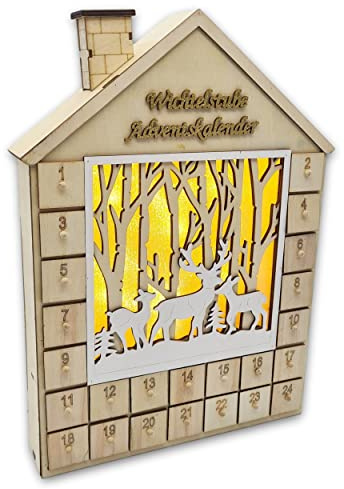 Wichtelstube-Kollektion LED Adventskalender Holz zum befüllen, Jäger Natur Schubfächer, Weihnachtsdeko Holz beleuchtet inkl. Trafo, Batteriebetrieb und timer