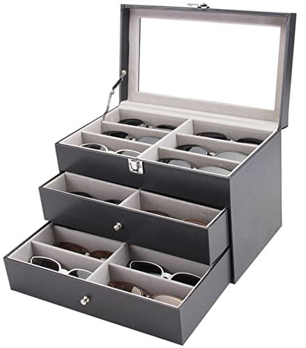 Brillenbox Brillen Display Brillenkoffer, Schwarz PU-Leder 3 Ebene 18 Slots Brillen-Aufbewahrungsbehälter-Halter Sonnenbrillen Anzeige Schublade Abschließbare Fall Organizer Brillen Fach Brillenaufbew