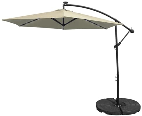 Sonnenschirm Ampelschirm mit LED Beleuchtung Creme 3m 300cm Gartenschirm Garten 360 Drehung Wickelkurbel Kippfunktion 24 Solarbetrieb LED Lichter UV Schützend Wasserdichter Regenchutz & Sockel