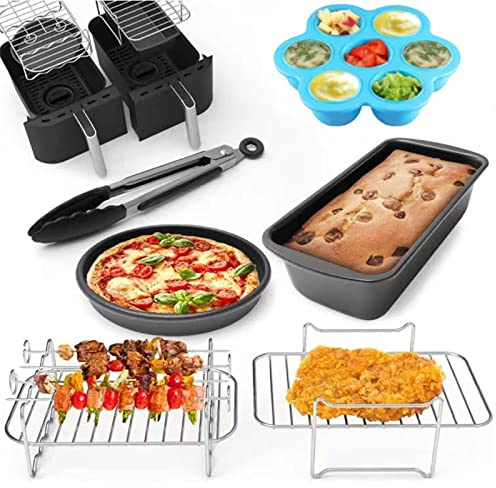 DIYARTS Dual Air Fryer Accessories Set of 6, Stainless Steel Grilling Rack, Double Basket for Ninja Foodi AF300UK, AF400UK, Tower T17088, Salter Zone Deep Fryers 7.6L-9.6L