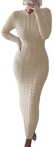 FeMereina Women's Ribbed Long Sleeve Sweater Dress Cable Knitted Ribbed Crew Neck Bodycon Long Dress Slim Fit Knitted Maxi Jumper Dress (Beige, Small)