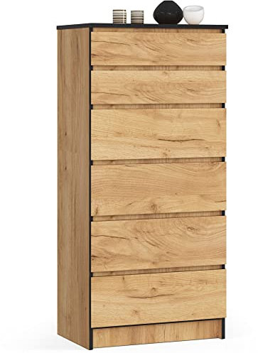 AKORD Kommode K60 mit 6 Schubladen | für das Wohnzimmer Schlafzimmer Schrank Büro Arbeitszimmer | Modernes Funktionales Design | B60 x H130 x T40 cm, Gewicht 43kg | Handwerk Eiche