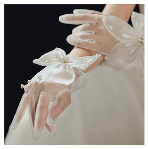 SHTGOI 1 Paar Hochzeit Brauthandschuh Kurze Weiße Perlen Tüll Handschuhe mit Schleife Partyhandschuh Brauthandschuhe Braut Zubehör für Hochzeitsbankett Abendkleid Foto-Shooting