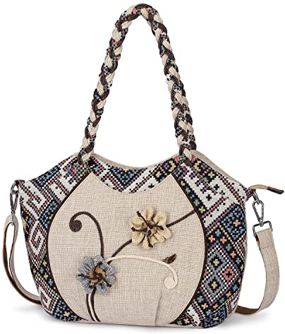 Boho Ethnische Umhängetasche, Hobo Umhängetasche, Damen-Leinentasche mit verstellbarem langem Schultergurt. Vintage gestickte Blume große Kapazität Dumpling Bag für Frauen und Mädchen