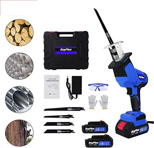 Scie sabre sabre électrique sans fil avec batterie 21 V - 4 lames de scie idéales pour la coupe du bois, du PVC et du métal (avec 2 piles)