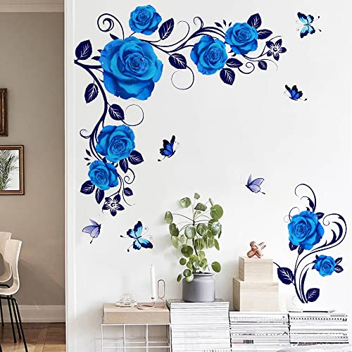 Runtoo Wandtattoo Blaue Blumen Wandsticker Pfingstrose Blumenranke Wandaufkleber Kinderzimmer Babyzimmer Wohnzimmer Schlafzimmer Flur Wanddeko