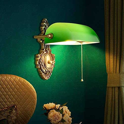 GRAWIT Lampade da Parete in Ottone Vintage retrò per Camera da Letto, Lampada da banchiere in Vetro Verde, Applique da Parete Regolabile con Paralume con Interruttore a Tirante, cablata per Soggiorno