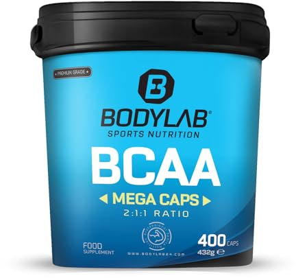 Bodylab24 BCAA Mega Caps 400 Kapseln, 1800mg BCAA im Verhältnis 2:1:1 je Portion, enthält L-Leucin, L-Isoleucin und L-Valin, einfach in der Dosierung durch praktische Kapselform