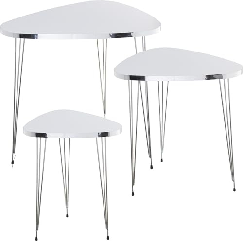 DRW Set mit 3 Beistelltischen aus Holz und Metall, verchromt, 55 x 48 x 53, 45 x 40 x 49 und 35 x 31 x 45 cm, Chrom und Weiß, 55x48x53, 45x40x49 y 35x31x45cm