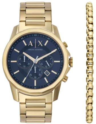 Armani Exchange Reloj tono oro para hombre, movimiento cronógrafo cuarzo y caja 44mm con correa acero inoxidable, Juego de tonos dorados