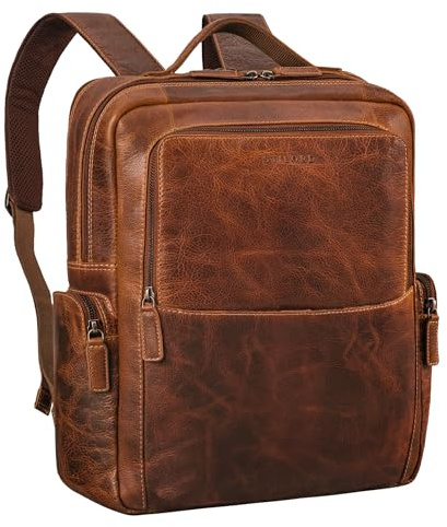 STILORD 'Gino' Mochila de cuero empresarial para hombres y mujeres gran mochila portátil vintage de 15,6-17 pulgadas mochila de día el trabajo de oficina, Color:luino - marrón