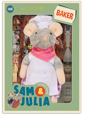 The Mouse Mansion Sam & Julia - Kuscheltier Maus der Bäcker - das Original aus der beliebten Kinderbuch-Reihe – 1/12 Größe für Standard-Puppenhaus – enthält: 1 Stofftier Maus 12 cm