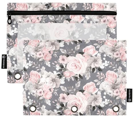 CHIFIGNO Federmäppchen mit 3 Ringbüchern, lustige Totenköpfe und rote Rosen, Blumen, 2 Stück, Federmäppchen mit transparentem Fenster, Binder-Federmäppchen für Zuhause und Büro, Rosa Rosen, graue