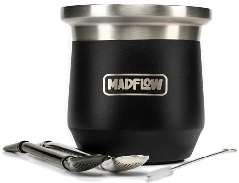 MADFLOW Yerba Mate Tasse en acier inoxydable avec 2 bombillas. Double paroi isolée sous vide avec gourde Yerba Mate