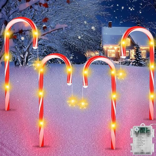 Bastoncini di Zucchero a LED 4 Pezzi, 8 Modalità 52cm Canna di Caramella Luci da Giardino con Luci Fiocco Neve, Luci di Marcatura di Percorso, Decorazione Natalizia per Esterni Luminosi
