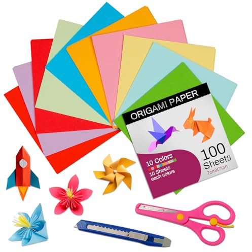 Origami-Papier – 100 Blatt – 10 Farben – 7 cm quadratisches Farbpapier für DIY-Dekoration, Bastelpapier, Scrapbook-Deko, Faltkunstwerke (inklusive Sicherheitsschere und Universalmesser)