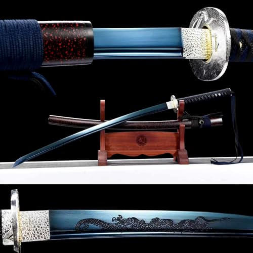 103cm handgefertigtes Katana Schwert,Klinge aus Kohlenstoffstahl mit gegrillter blauer Handwerkskunst,Scheide aus Massivholz mit Lack,echtes Samurai Swords für Weihnachten,Halloween,Cosplay,Koration