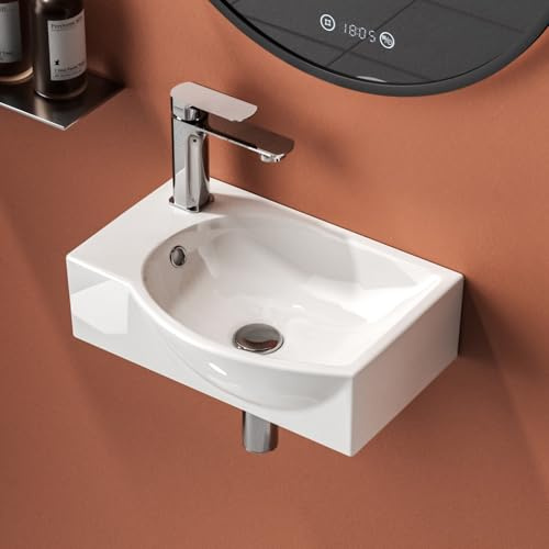 EMKE Wall Mounted Cloakroom Basin Small Bathroom Sink Rectangular Ceramic Modern Polished White Corner Sink 40 x 28 x 14 cm - One Left Hand Tap Hole