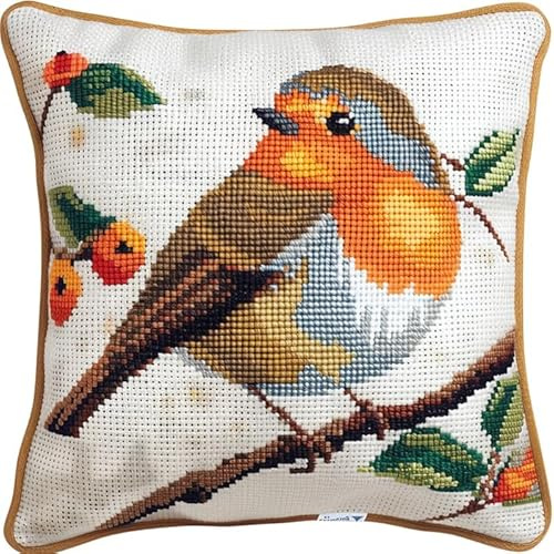WallustrioaW Bird on a Branch Cross Stitch Embroidery Cushion Kits,Robin Animal Stitched Pillow Cover Kit for Adults Beginners 11ct Needlework Set Decoration 18x18in