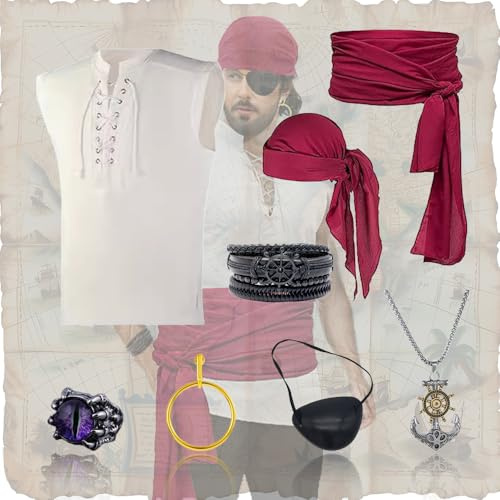 PASLFC Piraten Accessoires Set,Mittelalter Piratenkostüm Zubehör Set,Piraten Stirnband Taillengürtel,Piratenkapitän Mittelalterliche Große Schärpe, Piratens Bandanas,Damen Herren PiratenVerkleidung