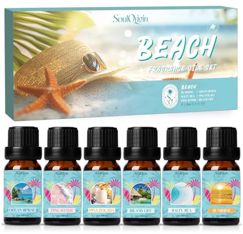 SoulOrigin Ätherisches Öle Set Strandöl, Duftöl Set für Öldiffusoren, Duftöle für Seifenkerzen Herstellung 6x10ml - Ocean Spray, Pina Colada, Island Life, Salziges Meer und Sonnenschein