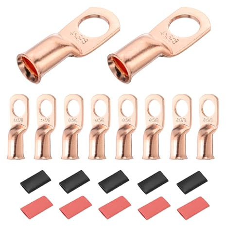 DMiotech 12 Pcs 4 AWG - 3/8 Copper Cable Lugs, Battery Cable Ends, Heavy Duty Copper Wire Lugs with 12pcs Heat Shrink Tubing for Electrical Projects, Copper