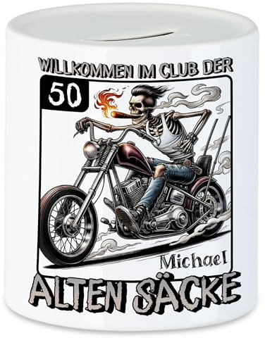 Kiddle-Design Spardose zum 50. Geburtstag Personalisiert, Club der Alten Säcke 50, 50ter Geburtstag Lustiges Biker Motorrad Geschenk, Sparbüchse Sparschwein