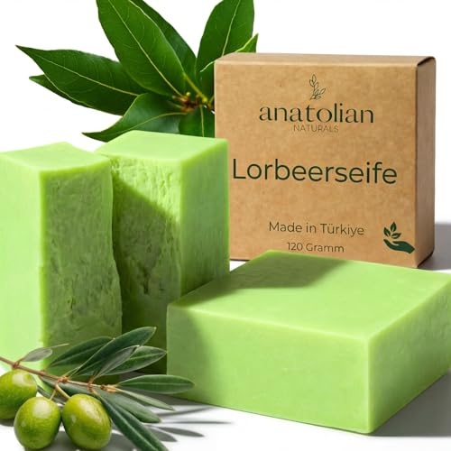 Original Lorbeer Seife ANATOLIAN NATURALS® 80% Lorbeeröl 20% Olivenöl Echte türkische Lorbeer- und Olivenseife Haar- Körper- und Gesichtsseife +-120 Gramm Vegan Handgemacht (4 x 120g)