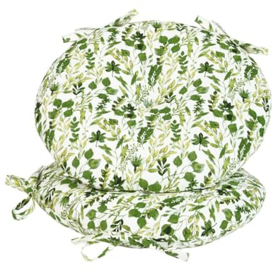 Dibor Set of 2 Tie-On Seat Cushions Circular Chair Seat Pads (Green Leaf)
